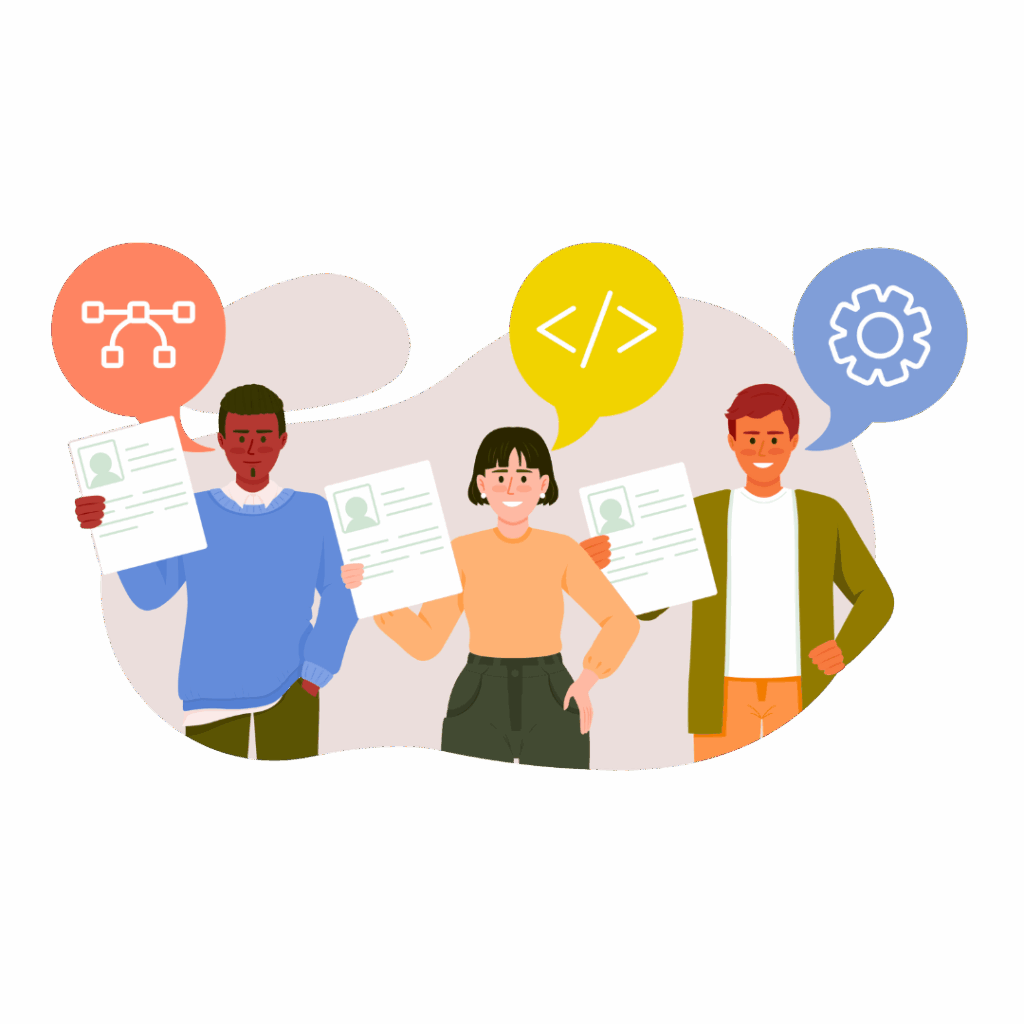Drei lächelnde Personen halten jeweils einen Lebenslauf in der Hand. Über ihren Köpfen schweben bunte Sprechblasen mit Symbolen für Design (Netzwerkstruktur), Programmieren (Codezeichen) und Technik (Zahnrad). Die Illustration steht für Vielfalt und Kompetenz in verschiedenen beruflichen Bereichen.