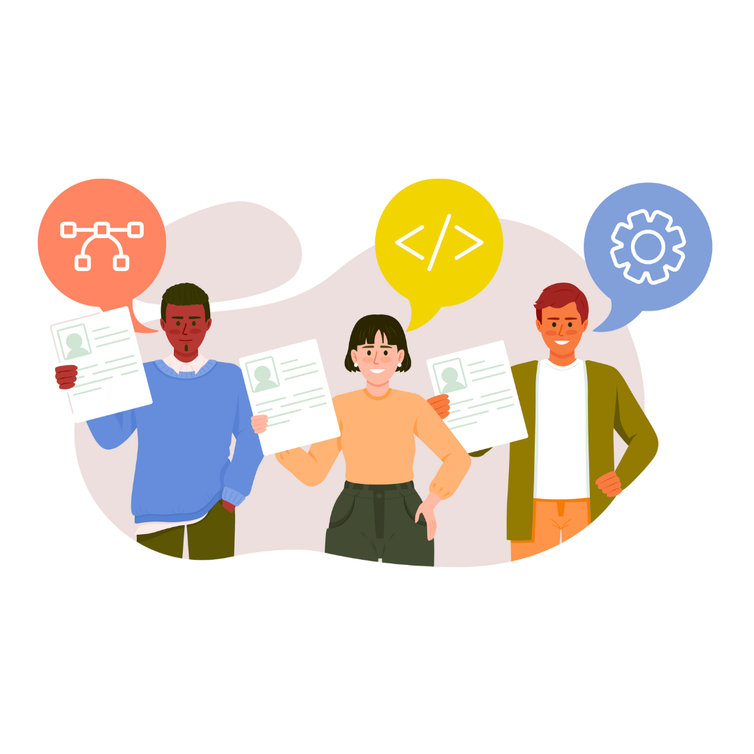 Drei lächelnde Personen halten jeweils einen Lebenslauf in der Hand. Über ihren Köpfen schweben bunte Sprechblasen mit Symbolen für Design (Netzwerkstruktur), Programmieren (Codezeichen) und Technik (Zahnrad). Die Illustration steht für Vielfalt und Kompetenz in verschiedenen beruflichen Bereichen.